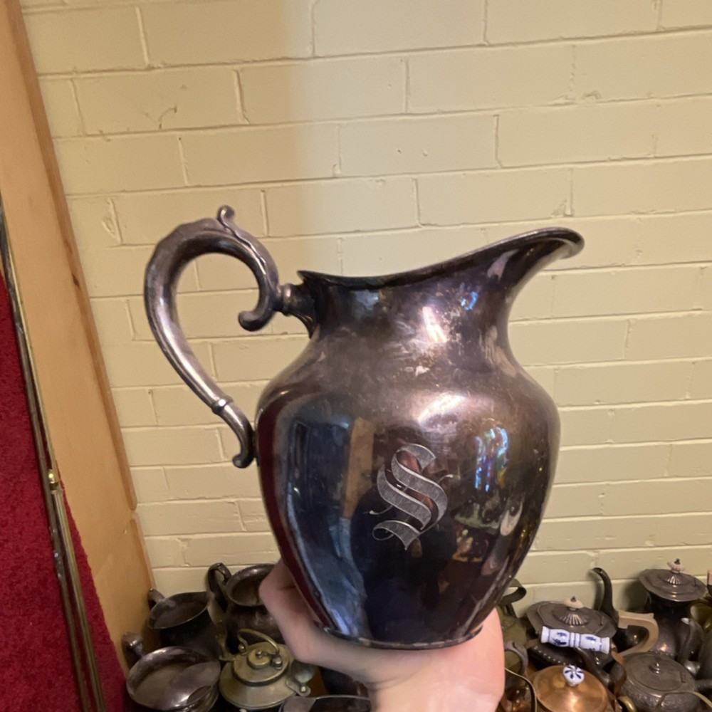 Antique Silverplate Pitcher with Ornate Handle and Monogram 'S'