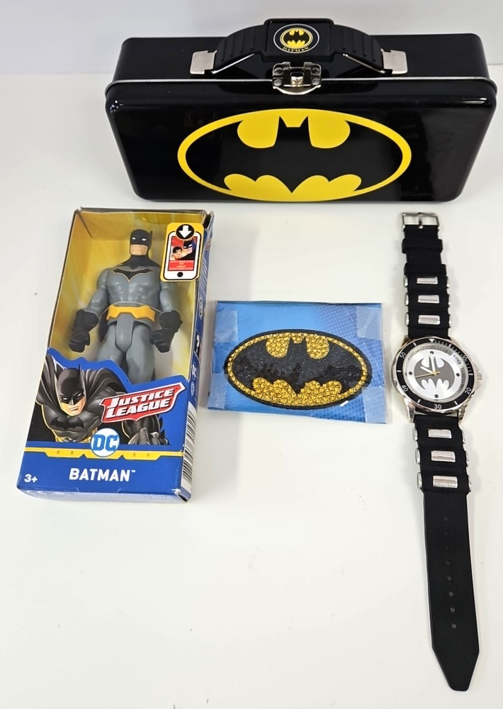 DC Comics Batman Tin with Watch (needs battery), Action Figure, & Window Decal