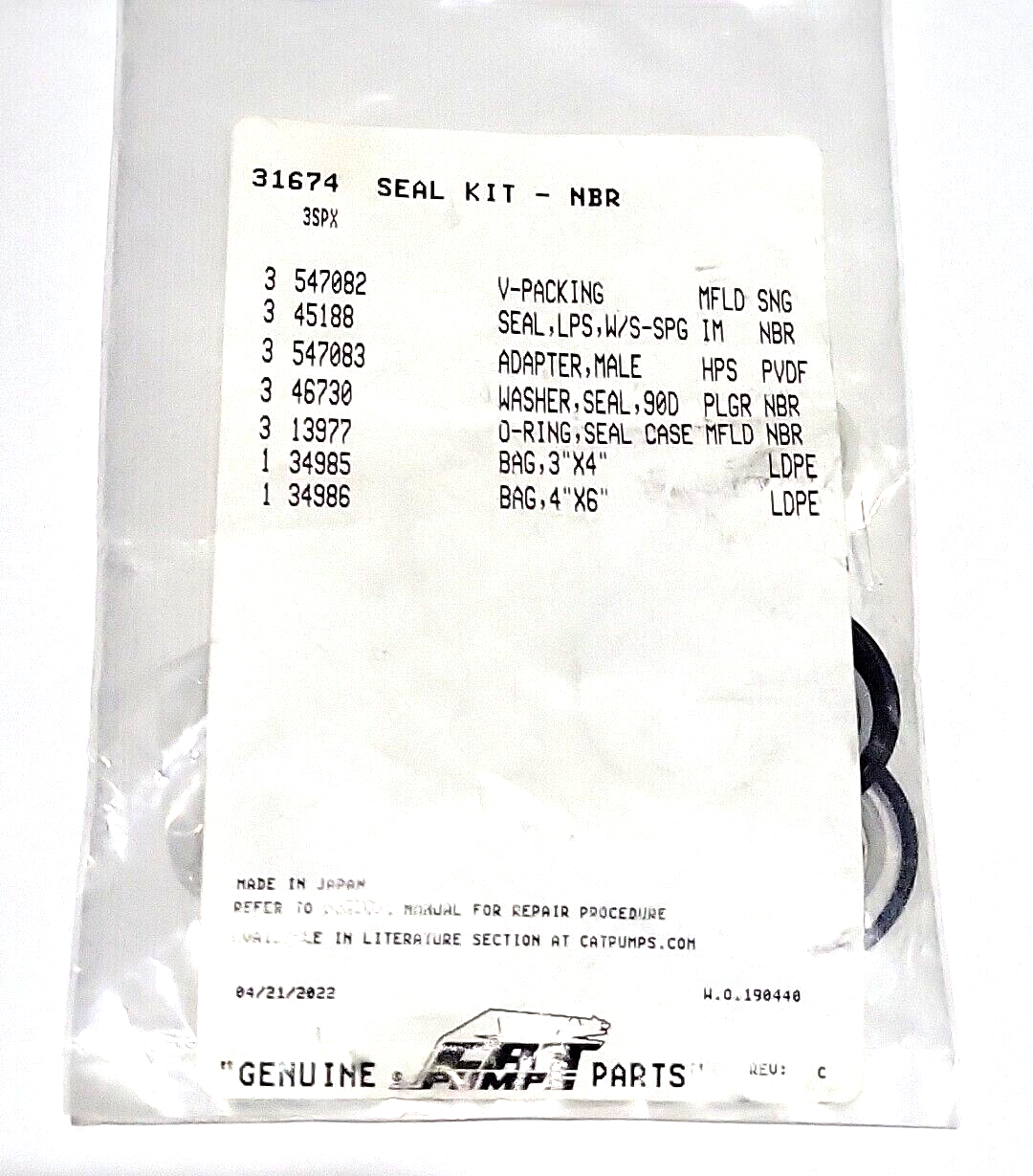 31674 SEAL KIT CAT PUMPS 3SPX , 3SPX30G1I , 3SPX35GEI , OEM KIT
