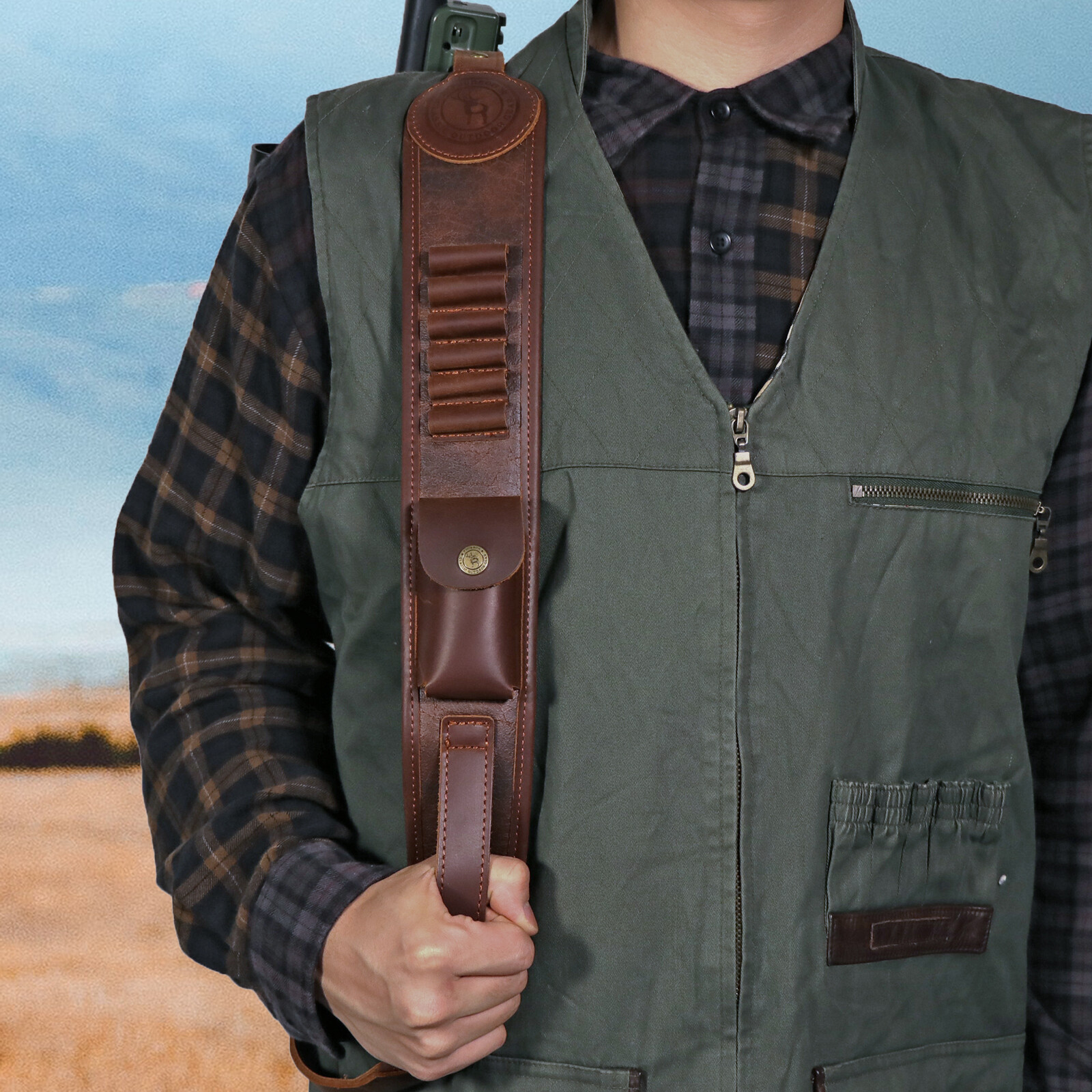 Tourbon PU Leather Rifle Sling Gun Shell Loops Hunt Ammo Strap .308.30-06,45-70