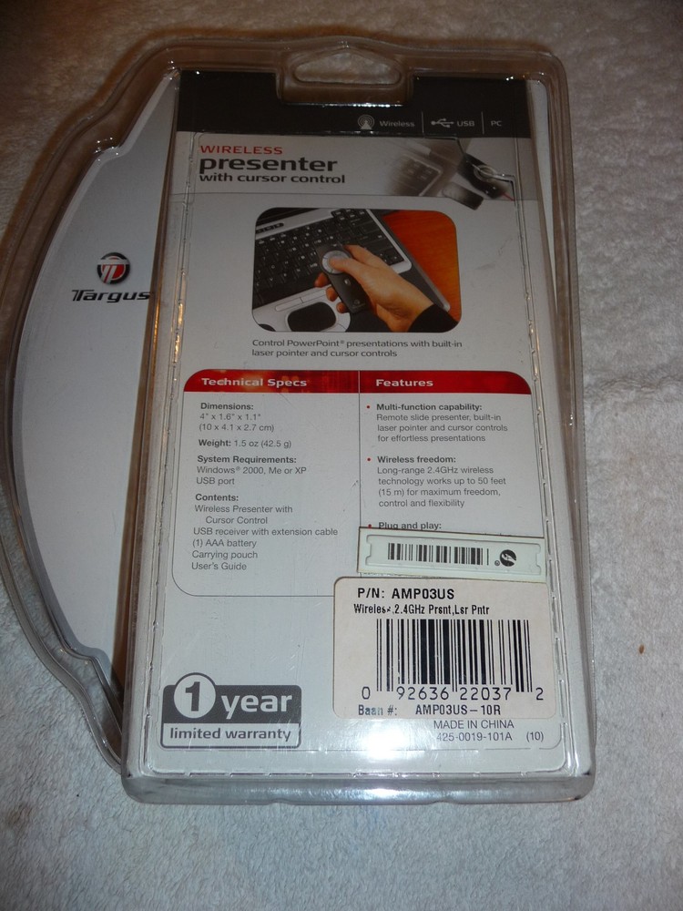 Targus Wireless Presenter With Laser Pointer & Cursor Control AMP03US - NEW