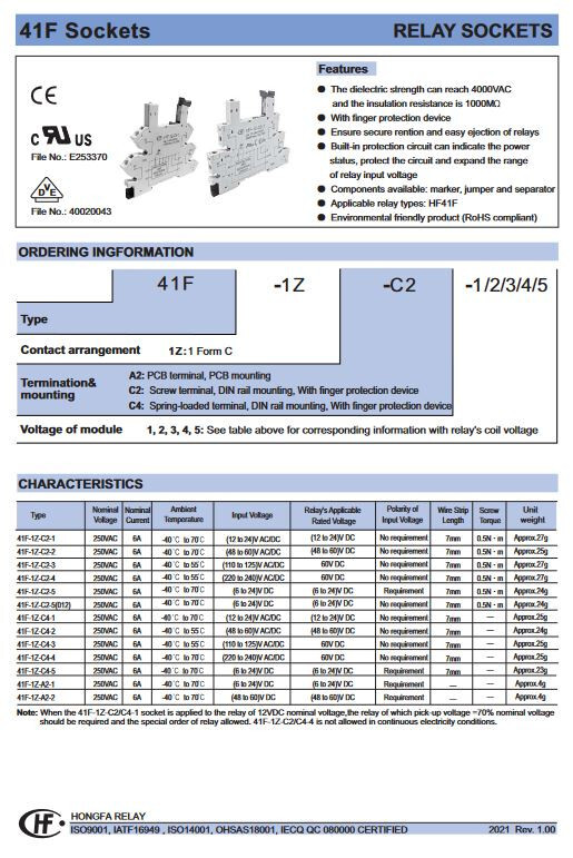 Slim Relay and Base, 24VDC Coil, 6 Amp Contact, NO/NC, Din Rail HF41F 24-ZS