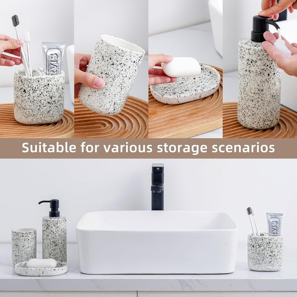 Bathroom Accessories Set 4 Pcs - Featuring Unique Ink-Splattered Design White