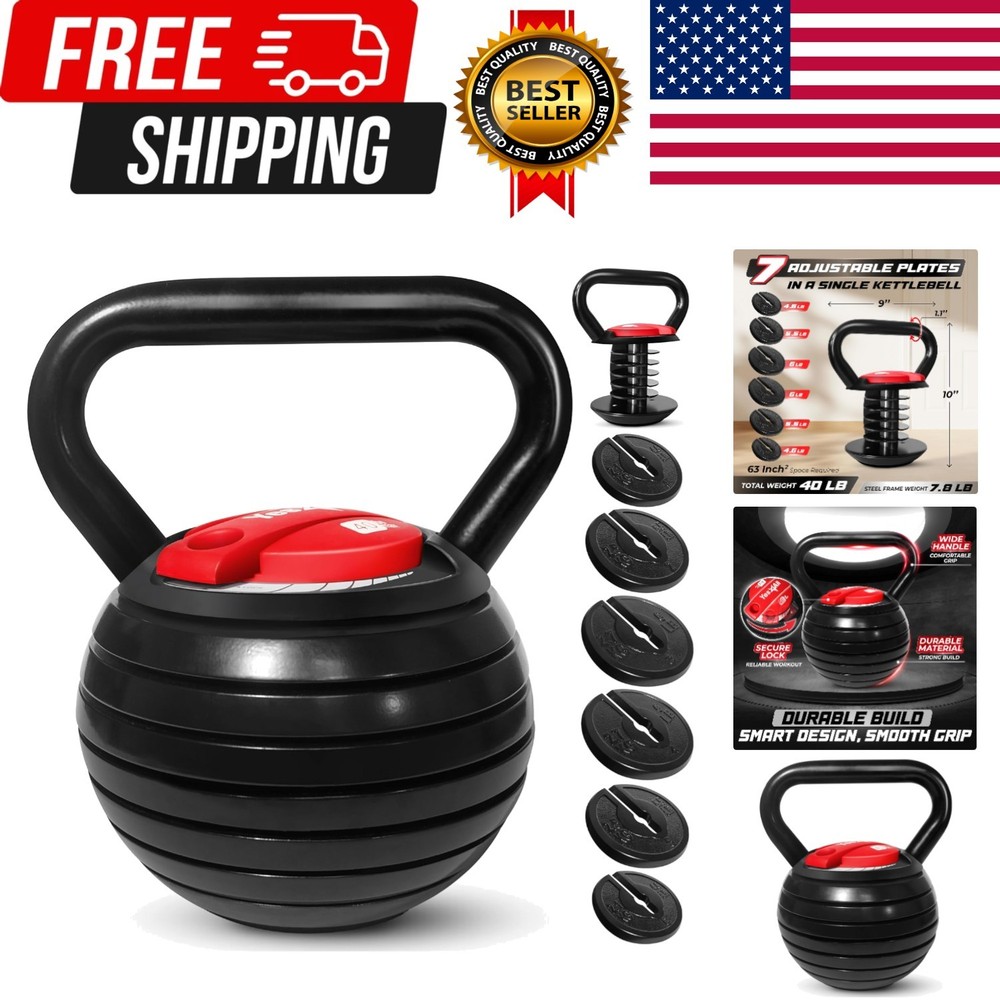 Adjustable Kettlebell Set, 20–40 LB Weight Set, Solid Cast Iron Handle with S...