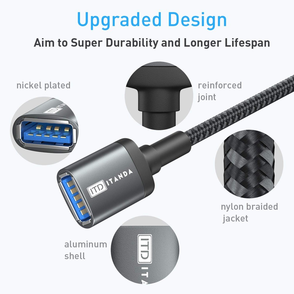 ITD ITANDA 10FT USB Extension Cable 3.0 Cord Type A 10 FT, Grey