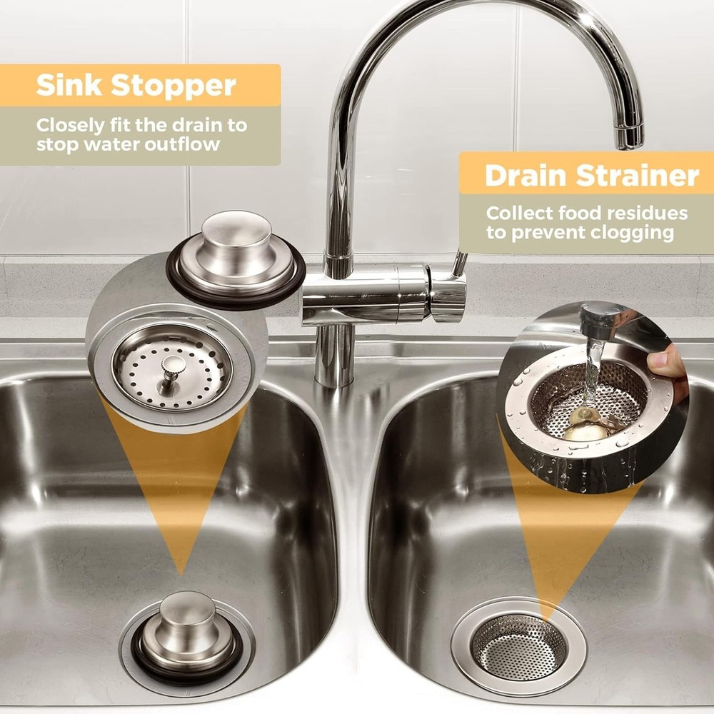 Rustproof Brushed Silver Kitchen Sink Drain Strainer and Stopper Set - 3 Pieces