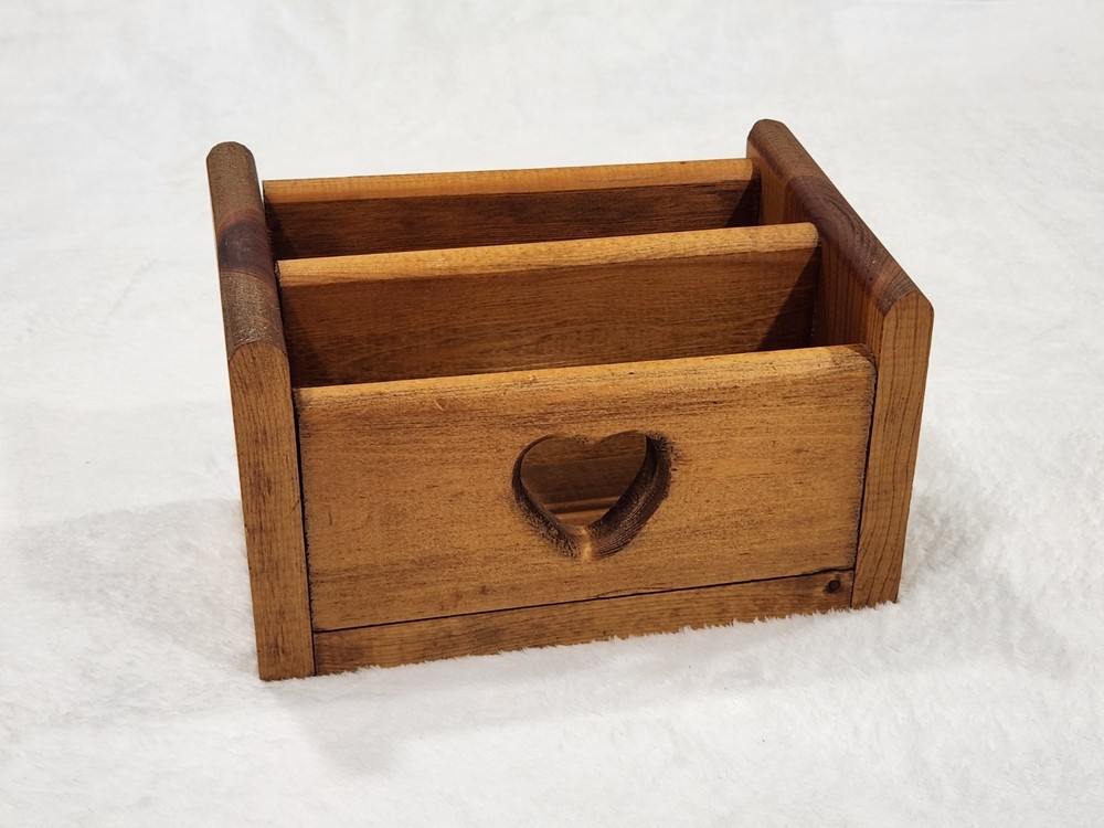 Vtg Heart Cutout Handmade Solid Pine Desk Organizer / Mail Sorter