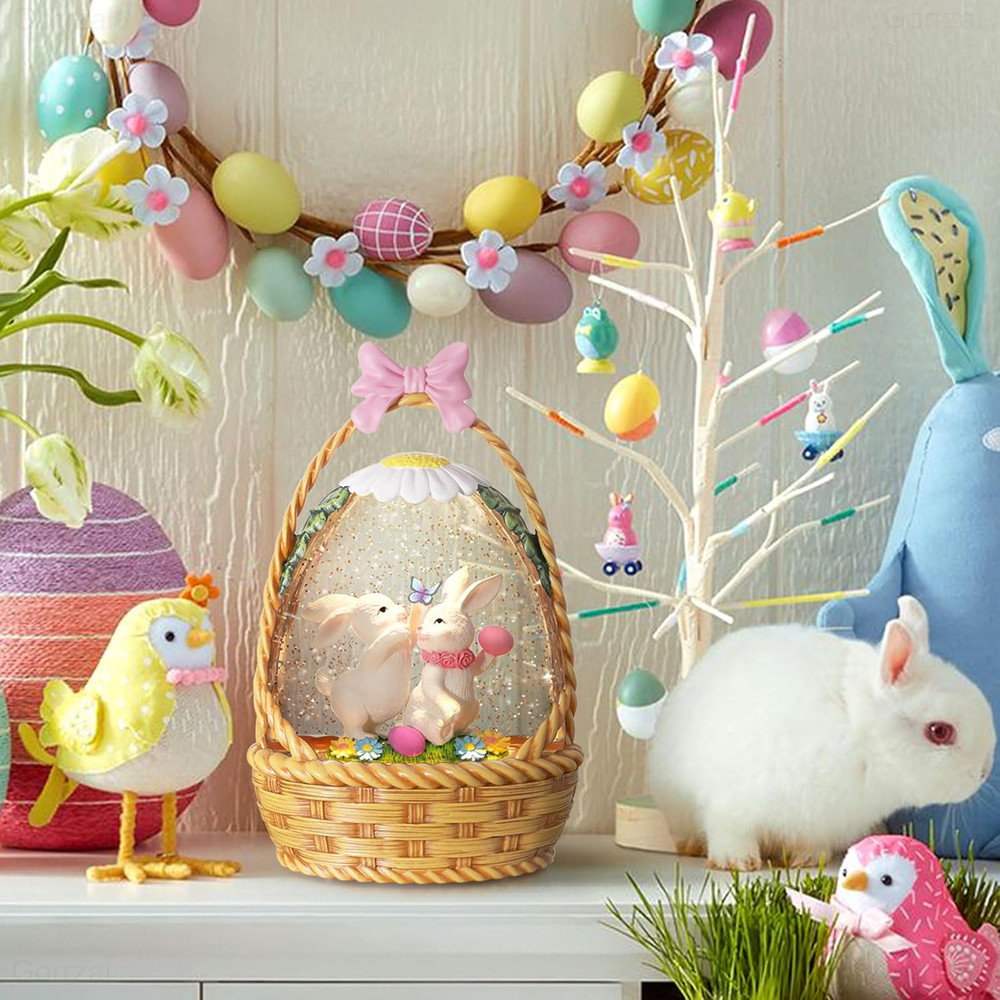 Easter Snow Globe Lantern Lighted Easter Bunny Eggs USB Battery Timer Glitter