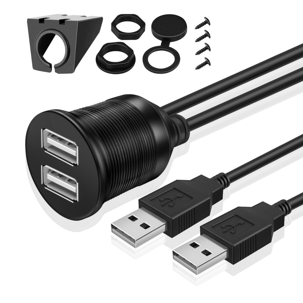 USB Flush Mount Cable - Dashboard Panel Dash Mount 2 Ports USB Socket (1M / 3FT)