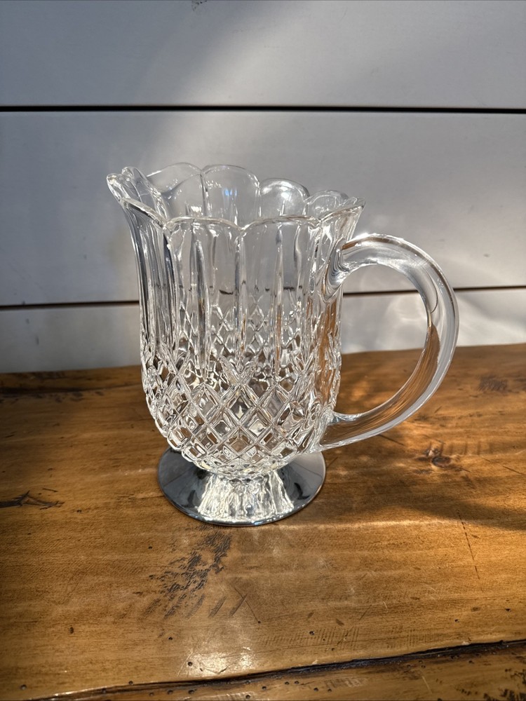 Vintage Diamond Cut Pattern Crystal Pitcher with Silverplate Base