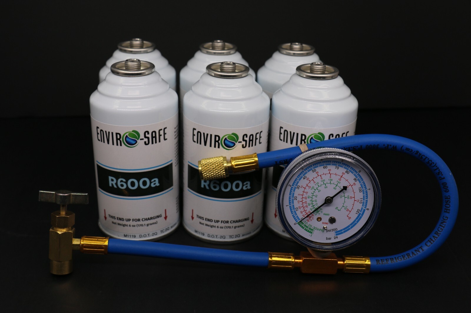 Enviro-Safe R-600a Refrigerant Inverted Piercing 6 oz 6 Cans and Brass Gauge