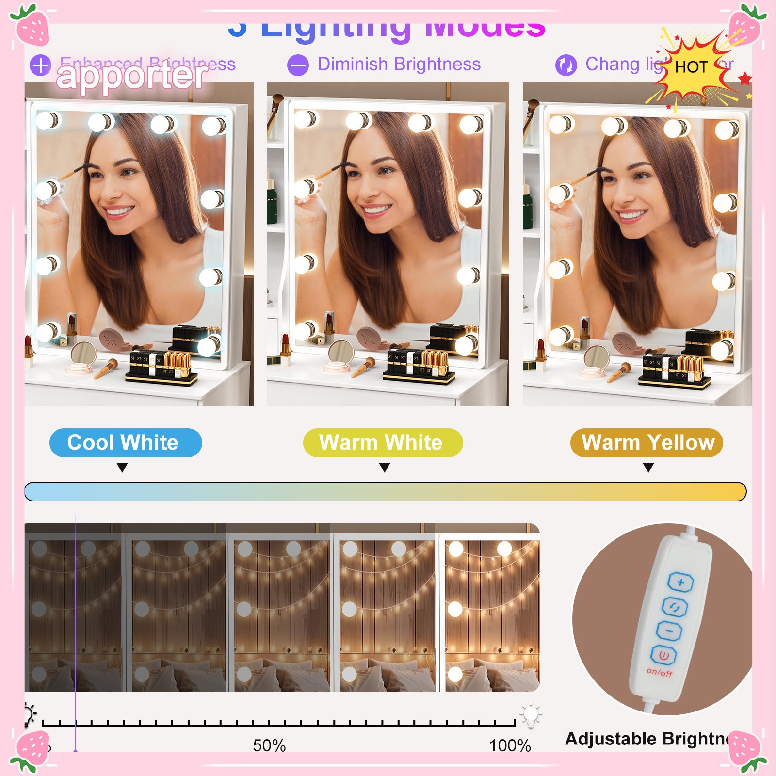 10 LED Lights w/3 Colors Mirror &Drawer Dresser Table Makeup Desk for Xams gifts