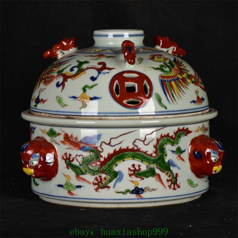 10.2"Wucai Porcelain Dragon Loong Beast Phonix Tiger Head incense burner Censer