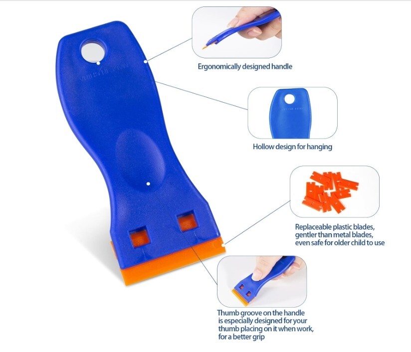 Plastic Razor Blade Scraper Set Label Removal - 6 Scrapers 60 Replacement Blades