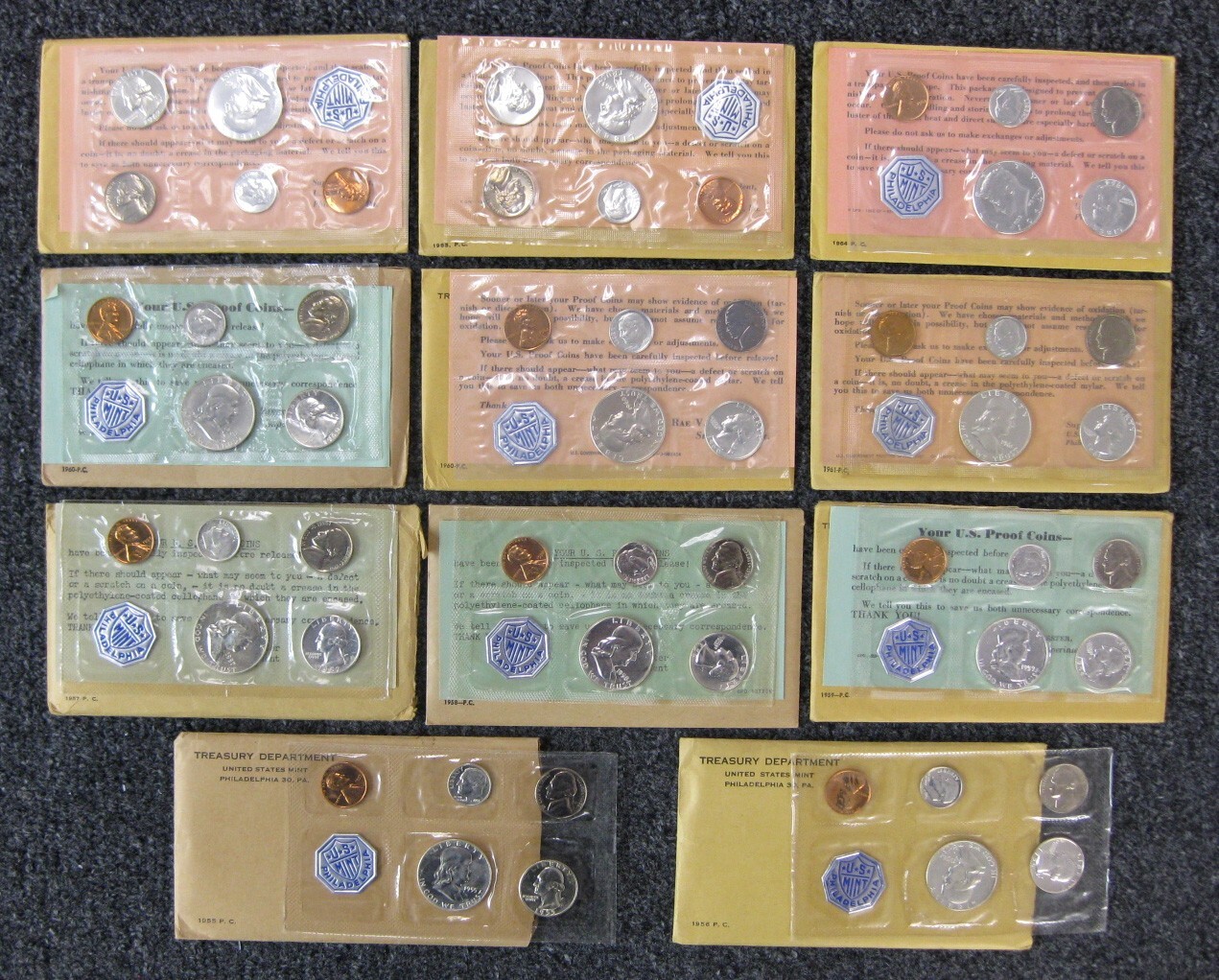 1955 thru 1964 Run of 11 Government Issued Proof Sets Including 1960 Small Date