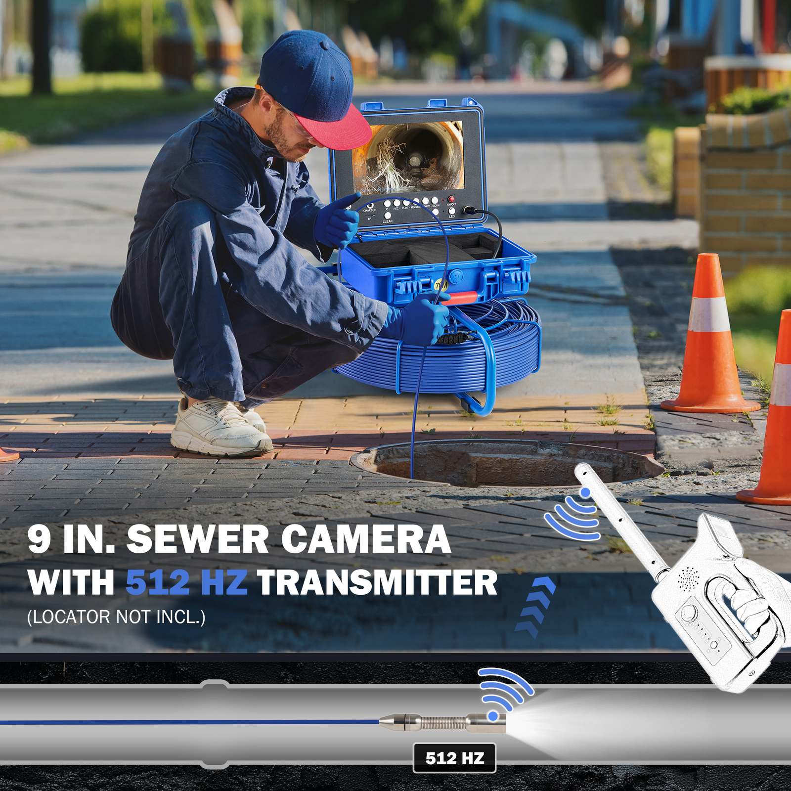 9" Self-Leveling Sewer Inspection Camera 512Hz 230ft/70m Digital Length Counter
