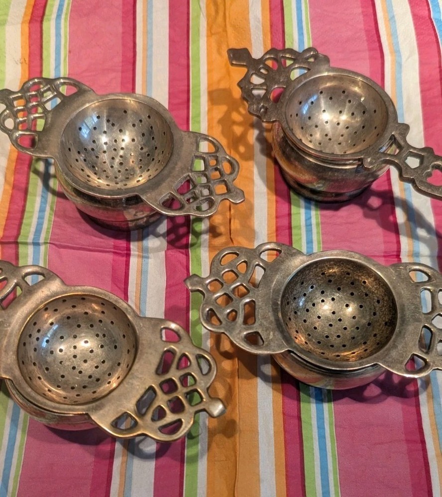 4 Sets Vintage Silverplate Tea Bag Strainers Drip Dish