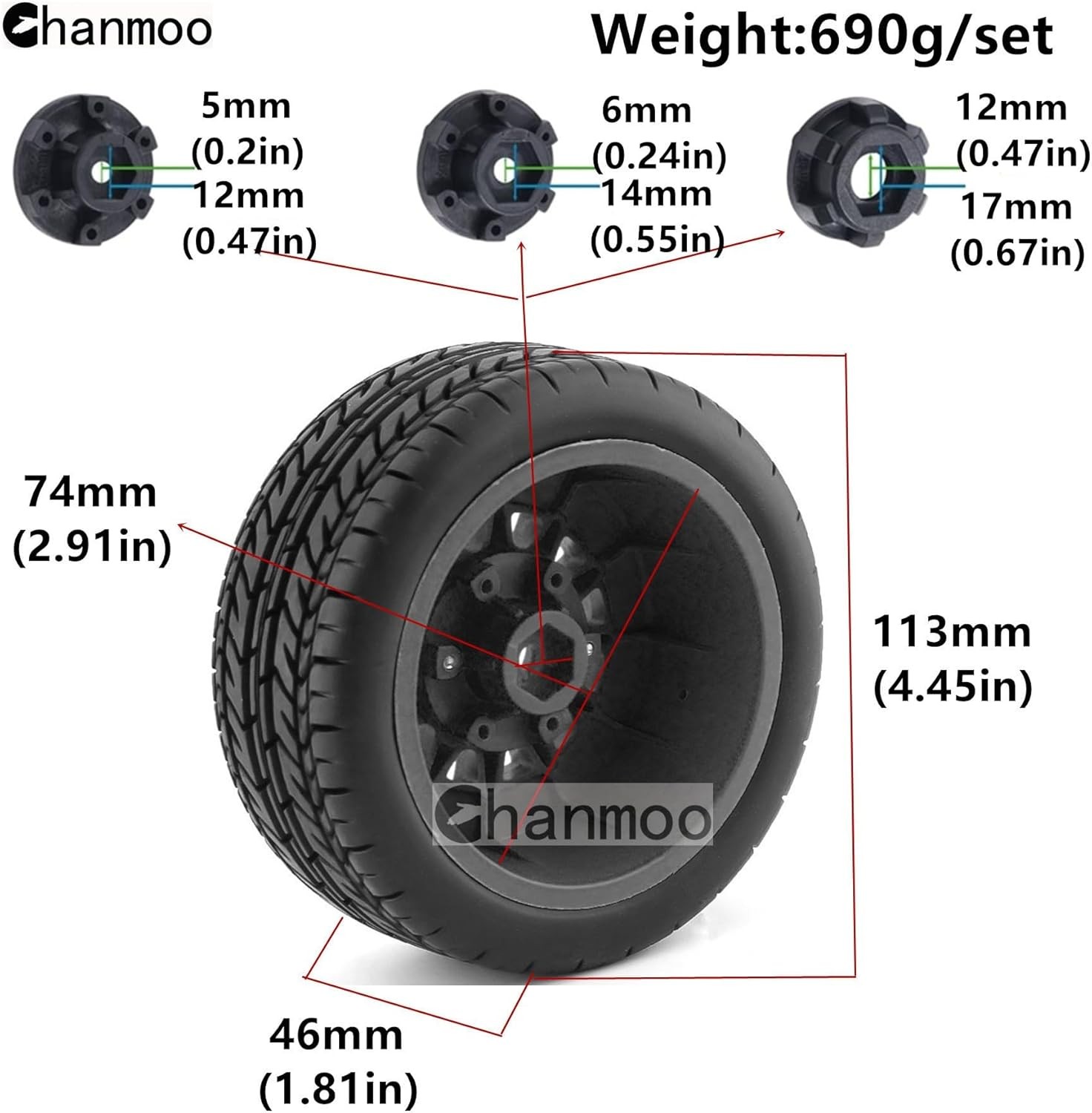 1/10 RC Short Course Truck Tires And Wheels With 12mm 14mm 17mm Hex 113mm 1/8...