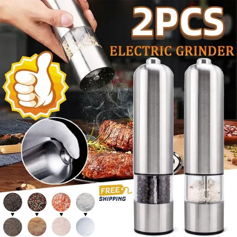 2PCS Electric Salt Pepper Grinder Mill Shakers Set Adjustable Stainless Steel