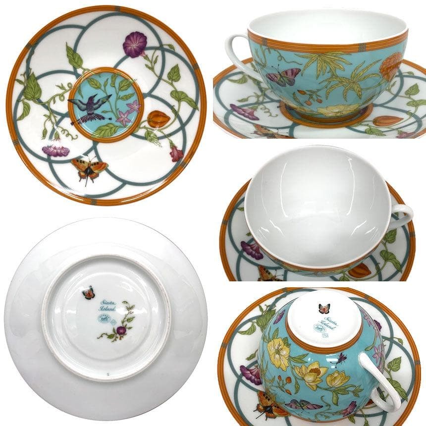 HERMES Siesta Island Cup Saucer Set Coffee Cup Saucer Large Blue Vintage