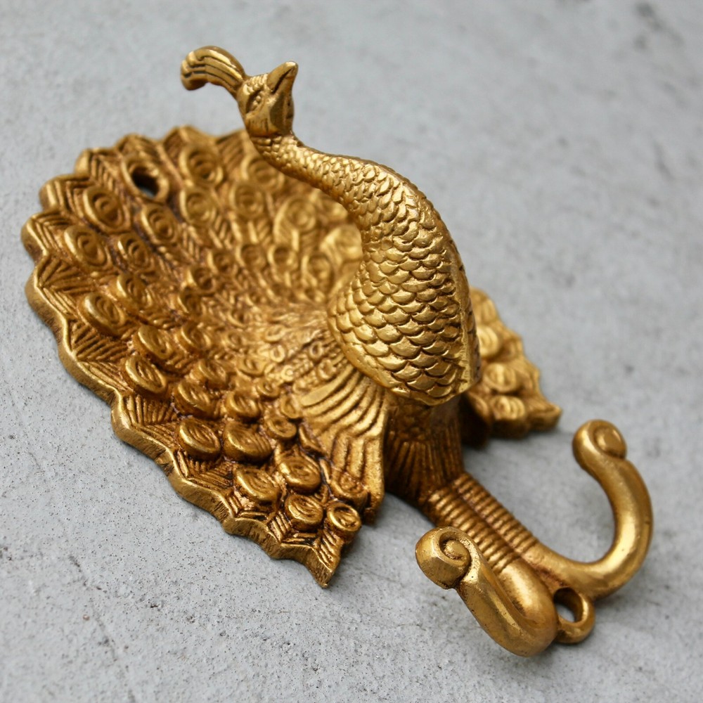Antique Solid Brass Peacock coat hook rustic VTG bronze hook mid century modern