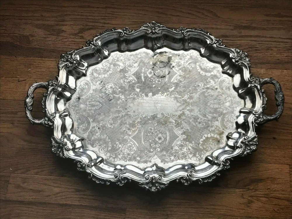 vintage large oval silverplate footed platter with handles 16X19