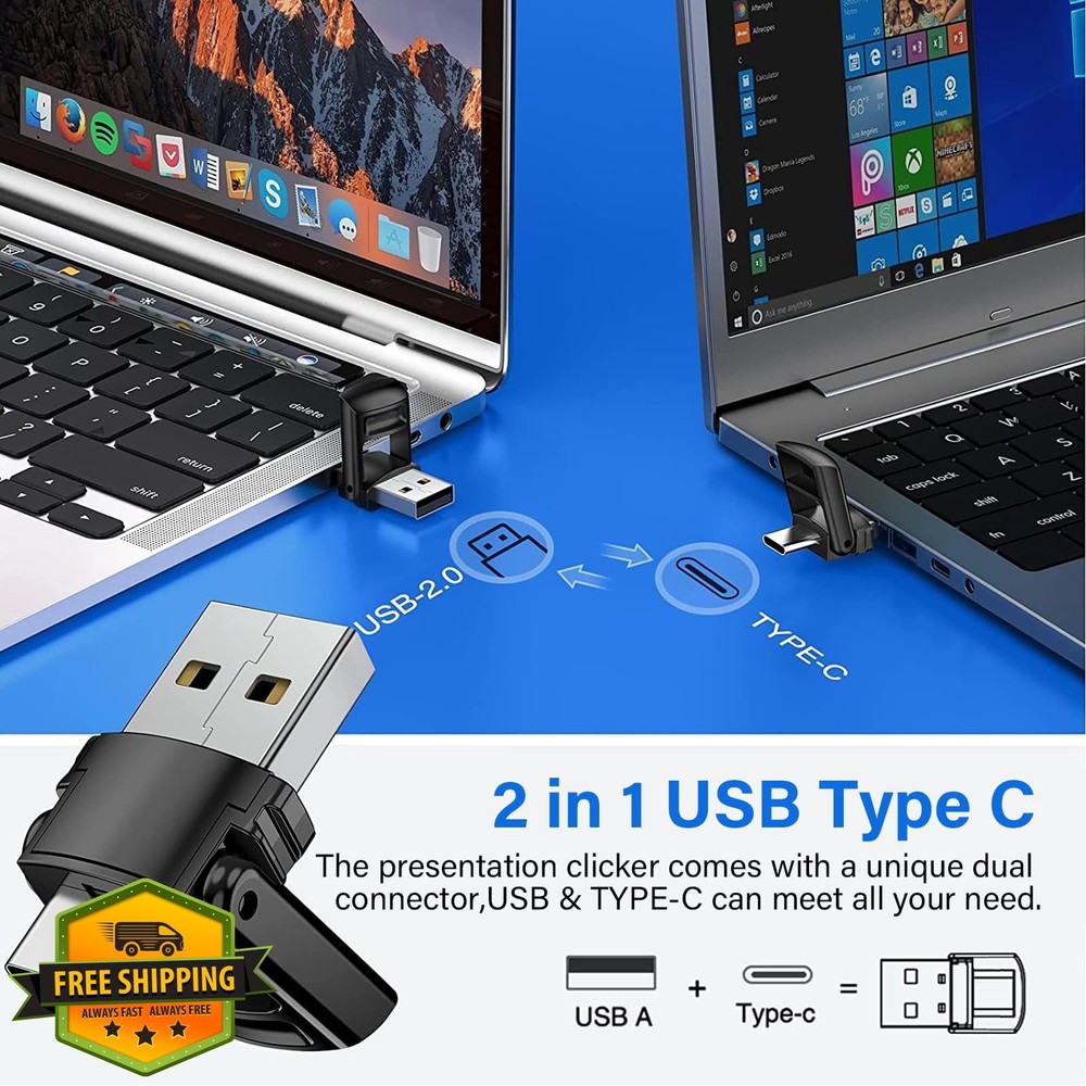 Presentation Clicker Rechargeable Wireless USB C/A Green Light PowerPoint Remote