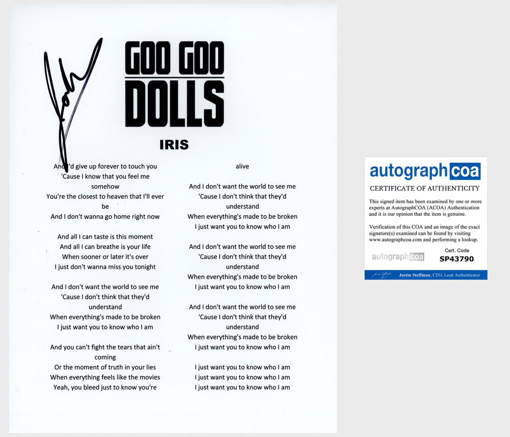 JOHNNY RZEZNIK GOO GOO DOLLS SIGNED IRIS LYRIC SHEET EXACT PROOF & AUTOGRAPH COA