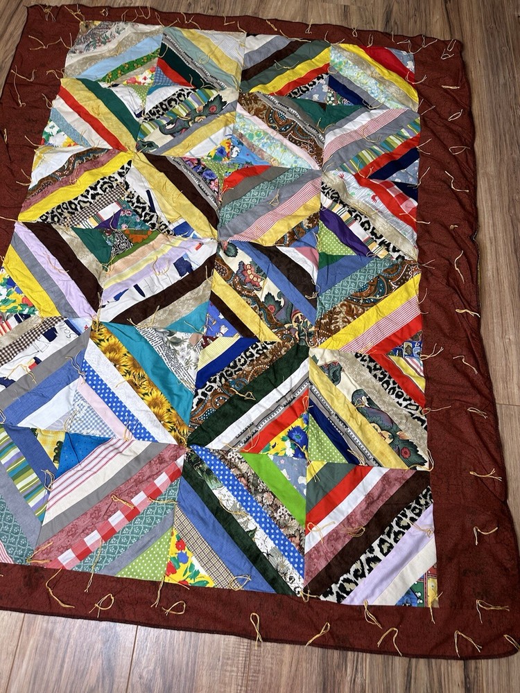 Handmade Quilt Blanket Handtie Patchwork Multi fabric Lap Throw Wheelchair Sofa