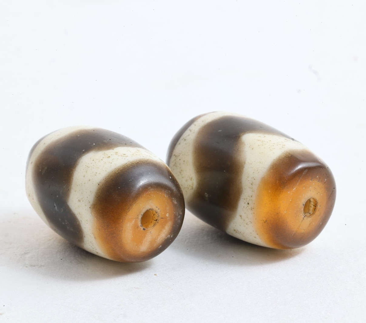 Late Qing Tibetan Glass Beads Pair – Tiger Tooth Dzi (Huya Tianzhu) Style (Z)