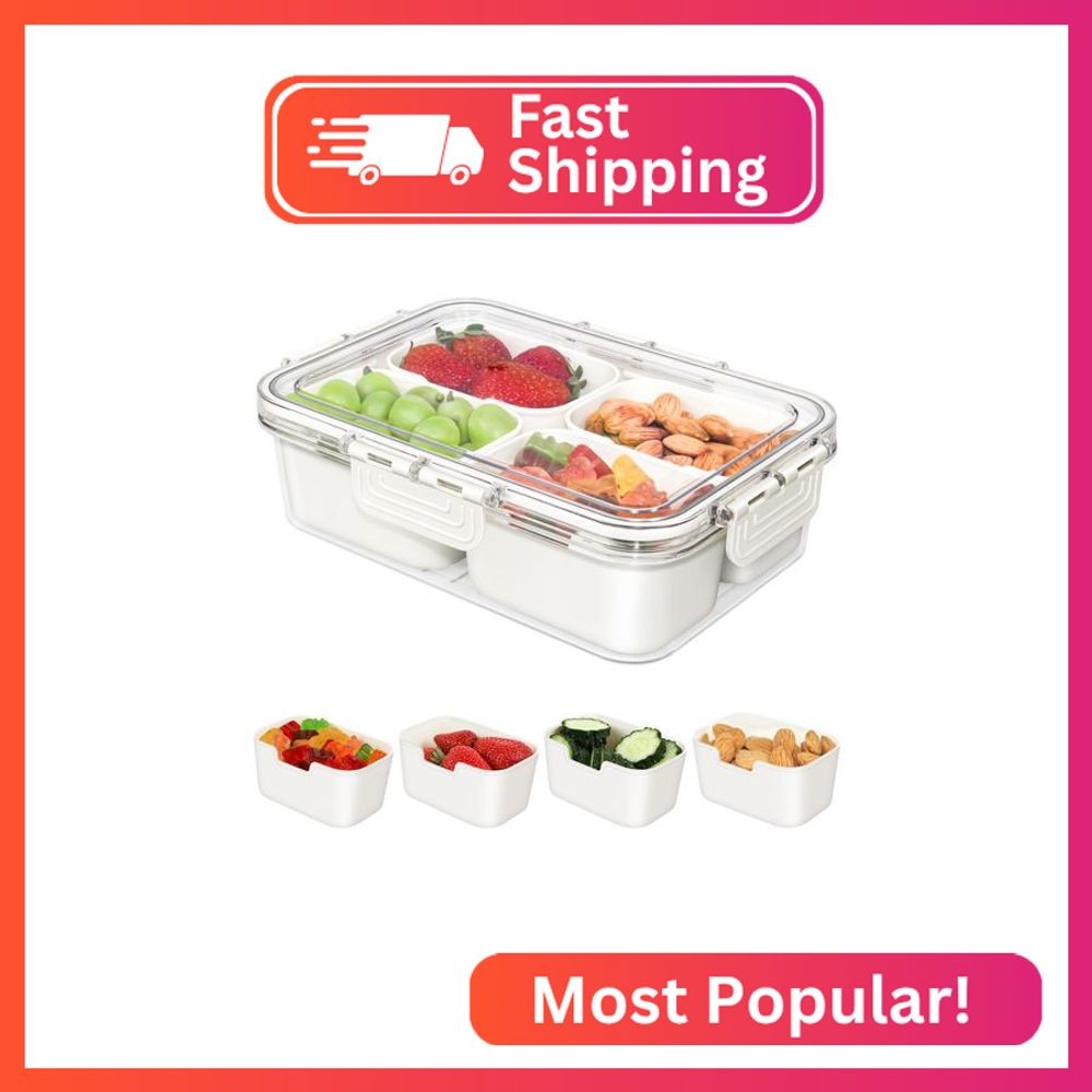 JINZORE Small Snackle Box Container, Divided Serving Tray with Lid, 4 Compartmen