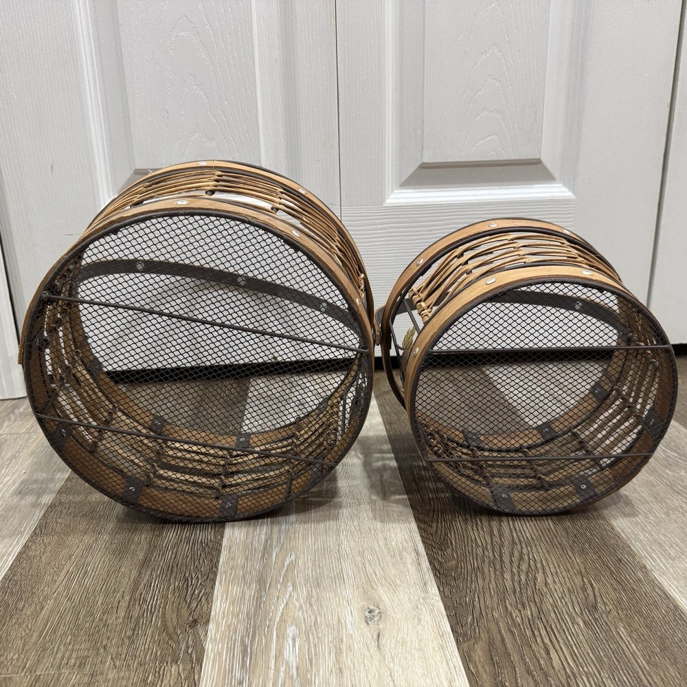 2 Wicker Wire Baskets Large & Medium Fall Autumn Leaves Moveable Handles Rivets