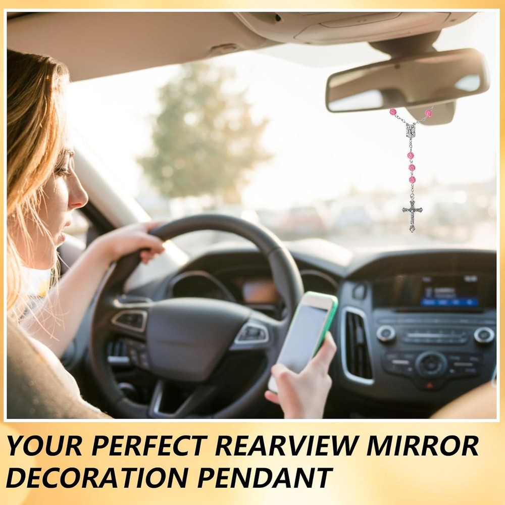 Car Rosary for Rearview Mirror, 2PCS Personalized Rear View Cross Blessing Beads