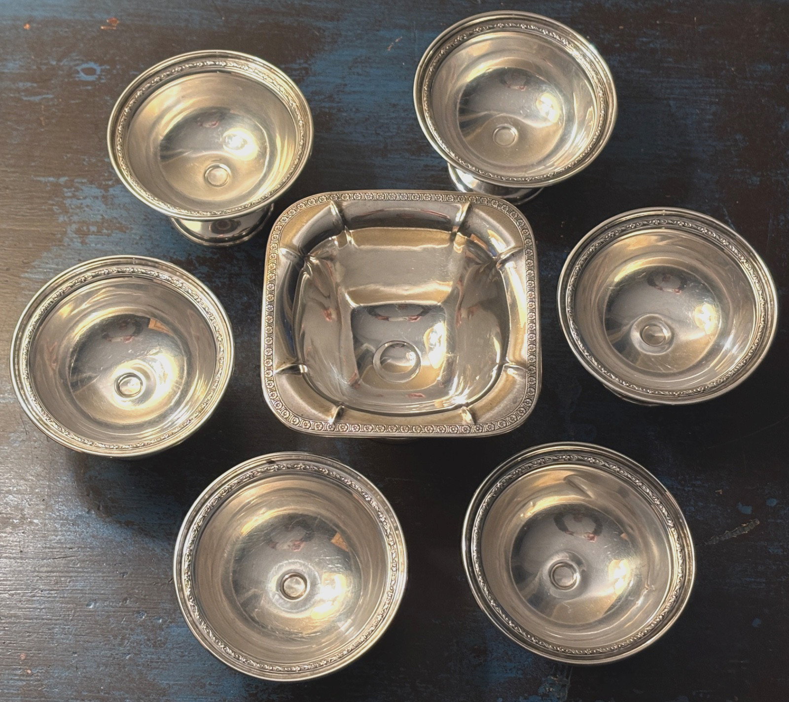 International Sterling Silver 6 Dessert Cups P 106 & 822 Sterling Nut Dish 344g