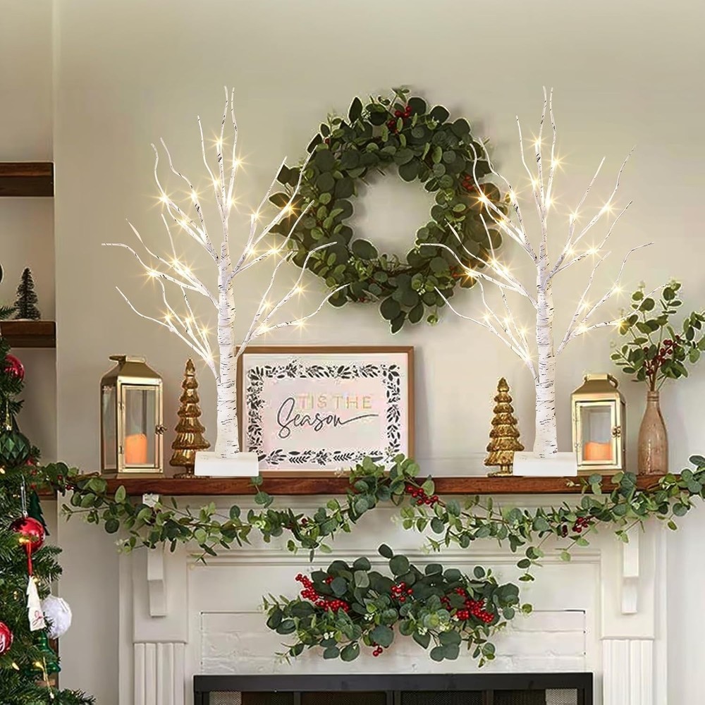 Lighted Birch Tree Easter Decorations 2FT White Mini Trees with 24 LED Lights