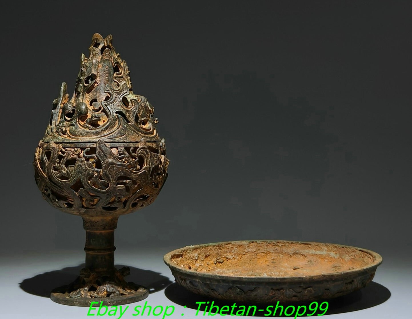 11.4"Old Dynasty Bronze Ware Dragon Hollow out Boshan Incense Burner Censer