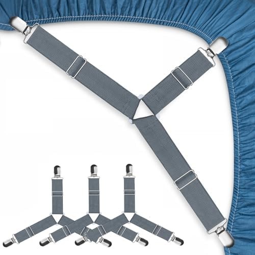 Adjustable Bed Sheet Straps, Fitted Sheet Clips, 4 Pack (Gray)