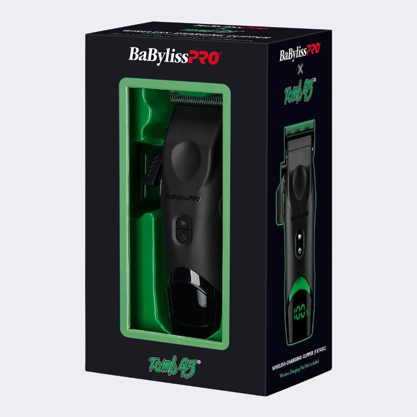 Babyliss Pro X Tomb45 Black Green Wireless Charging Clipper Trimmer +2 Pads