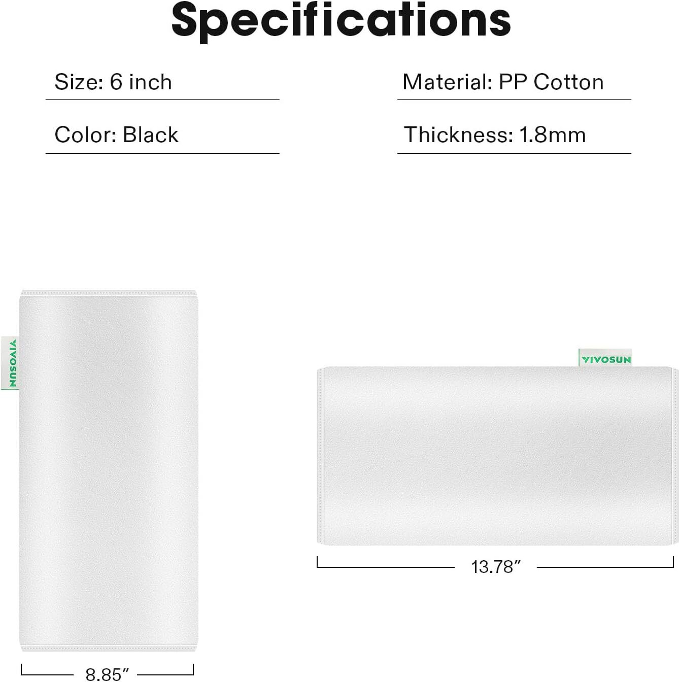 VIVOSUN 4"/6"/8" PP Cotton Prefilter 1.8mm for Carbon Filter Black/White Updated