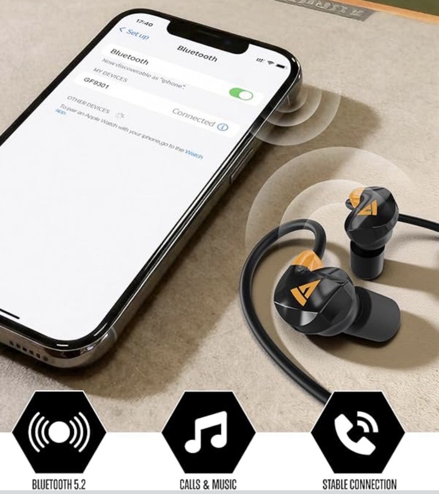 GLORYFIRE Electronic Bluetooth 5.2 Earbuds Black/Orange 26dB NRR