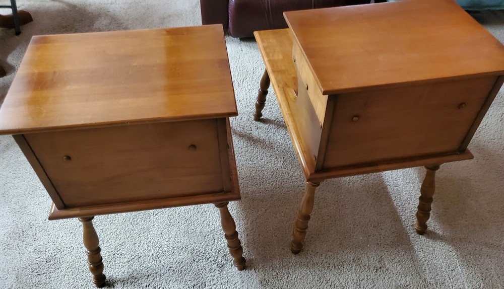 American Maple Step End Tables With A Drawer. Solid Wood, Matching Pair.