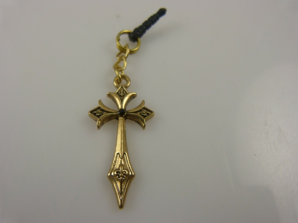 cross gothic goth cell phone Ipad charm ear cap dust plug Gold tone Easter