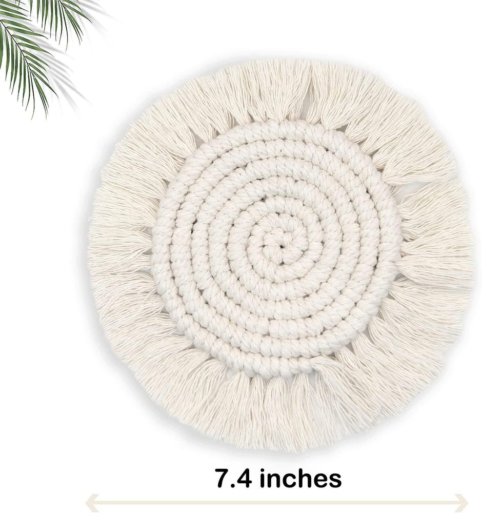 Coasters for Drinks Absorbent, Boho Wooden Table, Beige (2pcs)