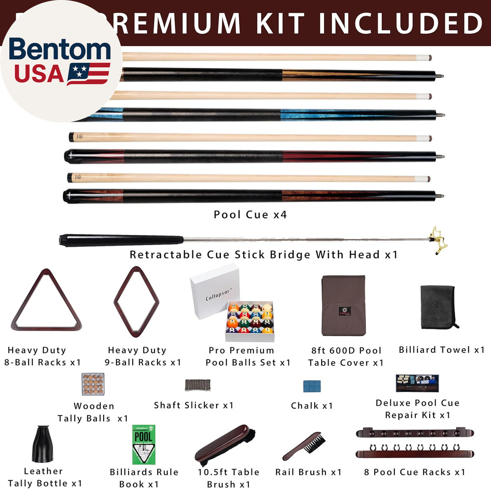 Pool Table Accessories Kit, Premium Pool Stick & Retractable Cue Bridge, Billiar
