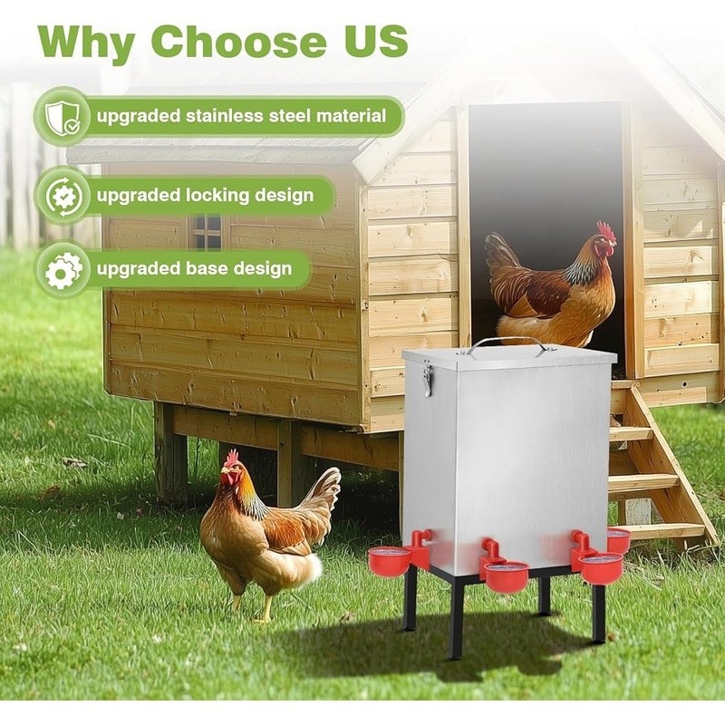 3 Gallons Chicken Waterer Stainless Steels Automatic with Latch Bottom Bracket