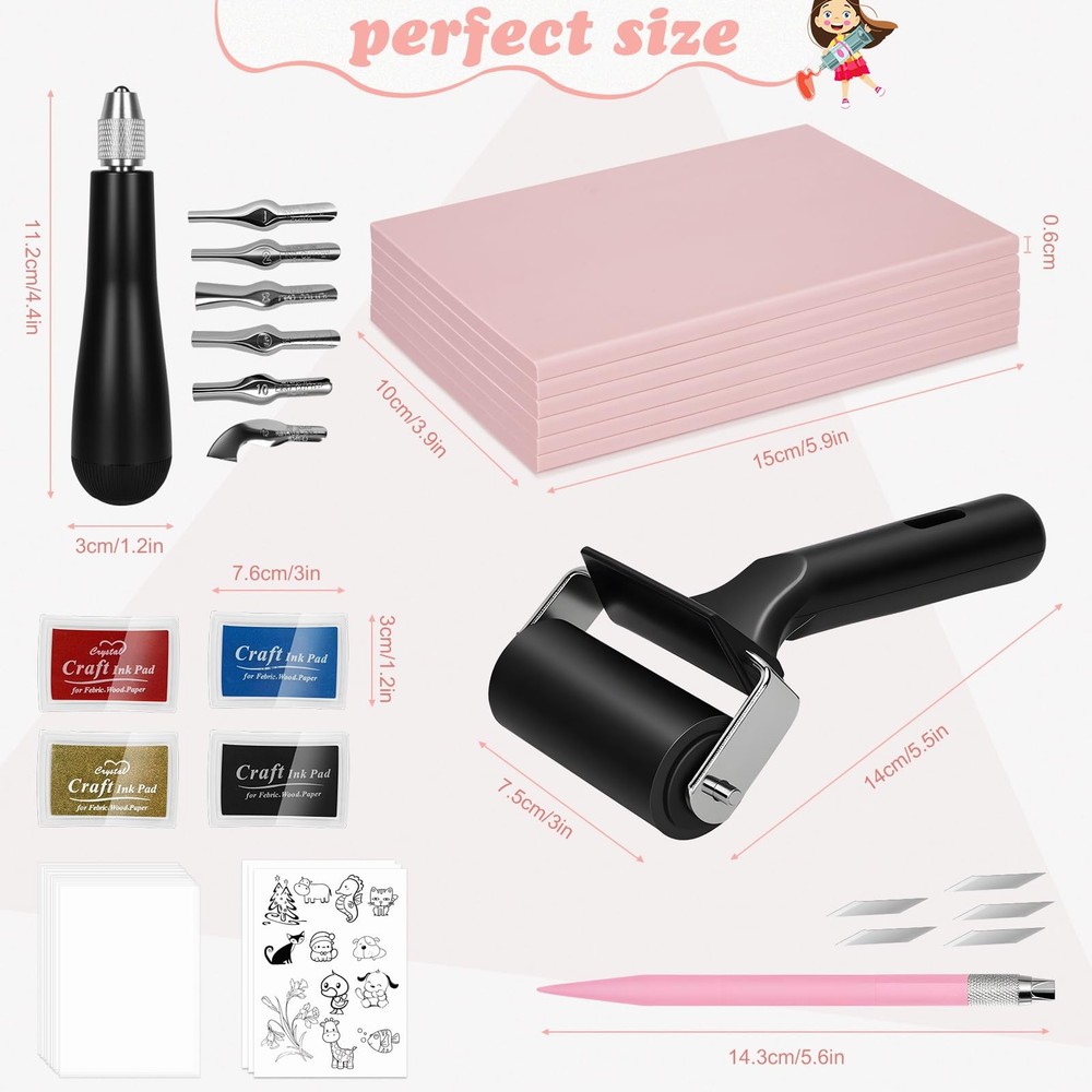 47 Pcs Block Printing Starter Tool Kit Includes Rubber Blocks,Carving Tools, ...