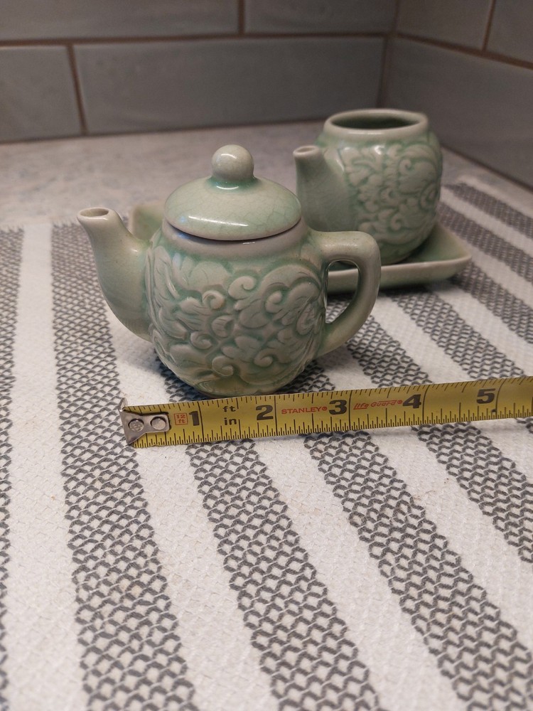 Celadon Green 3 Piece Ceramic Condiment Set *Missing One Lid*