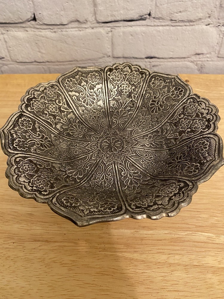 Ornate Solid Floral Dish Bowl 8” silver coloured.India