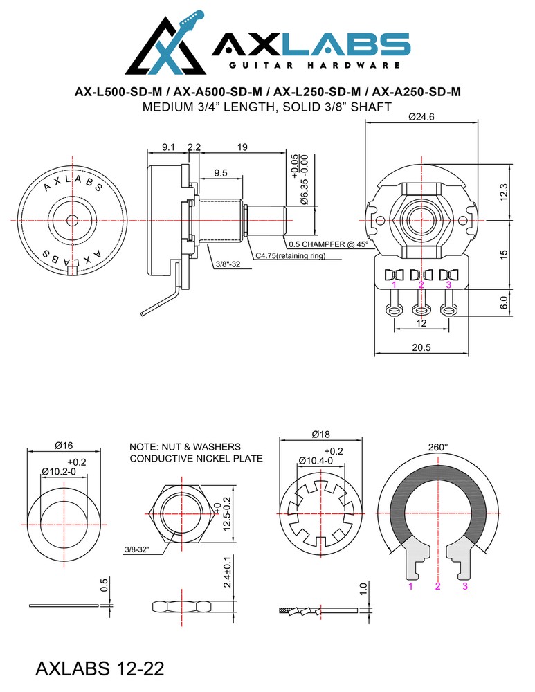 AxLabs 250K Audio Taper Potentiometer - Medium 3/4" Length, Solid 3/8" Shaft