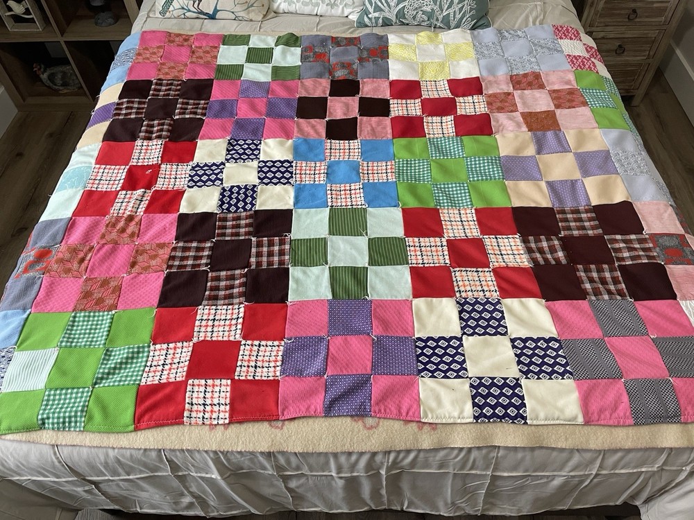 70’s Handmade Machine Sewn Patchwork Colorful Quilt 72x50 Throw Blanket